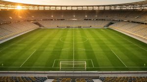 Campo de futebol profissional visto de uma arquibancada central