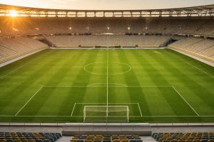 Campo de futebol profissional visto de uma arquibancada central