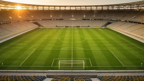 Campo de futebol profissional visto de uma arquibancada central