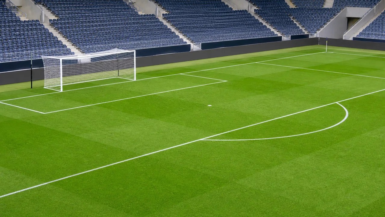 Gol e área de pênalti em um campo de futebol profissional