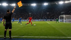 Bandeirinha assinalando impedimento durante uma partida de futebol