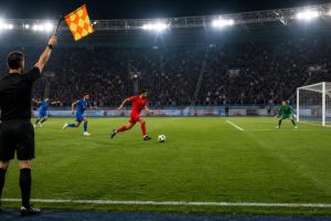 Bandeirinha assinalando impedimento durante uma partida de futebol