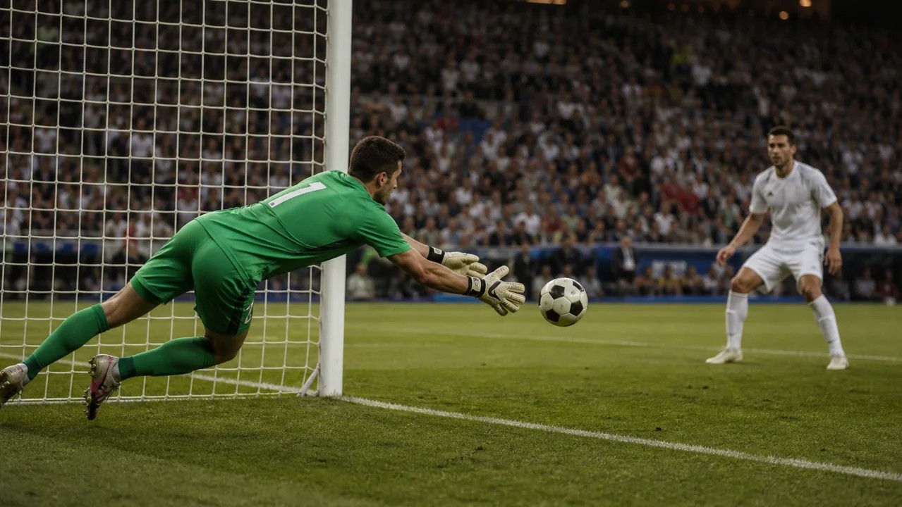 Goleiro defendendo uma bola com atacante próximo ao rebote